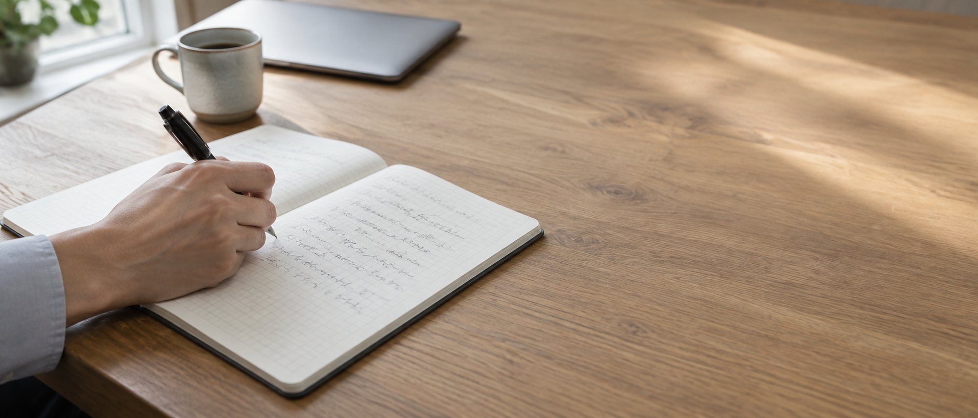 ノートに手書きでメモを取っている手元