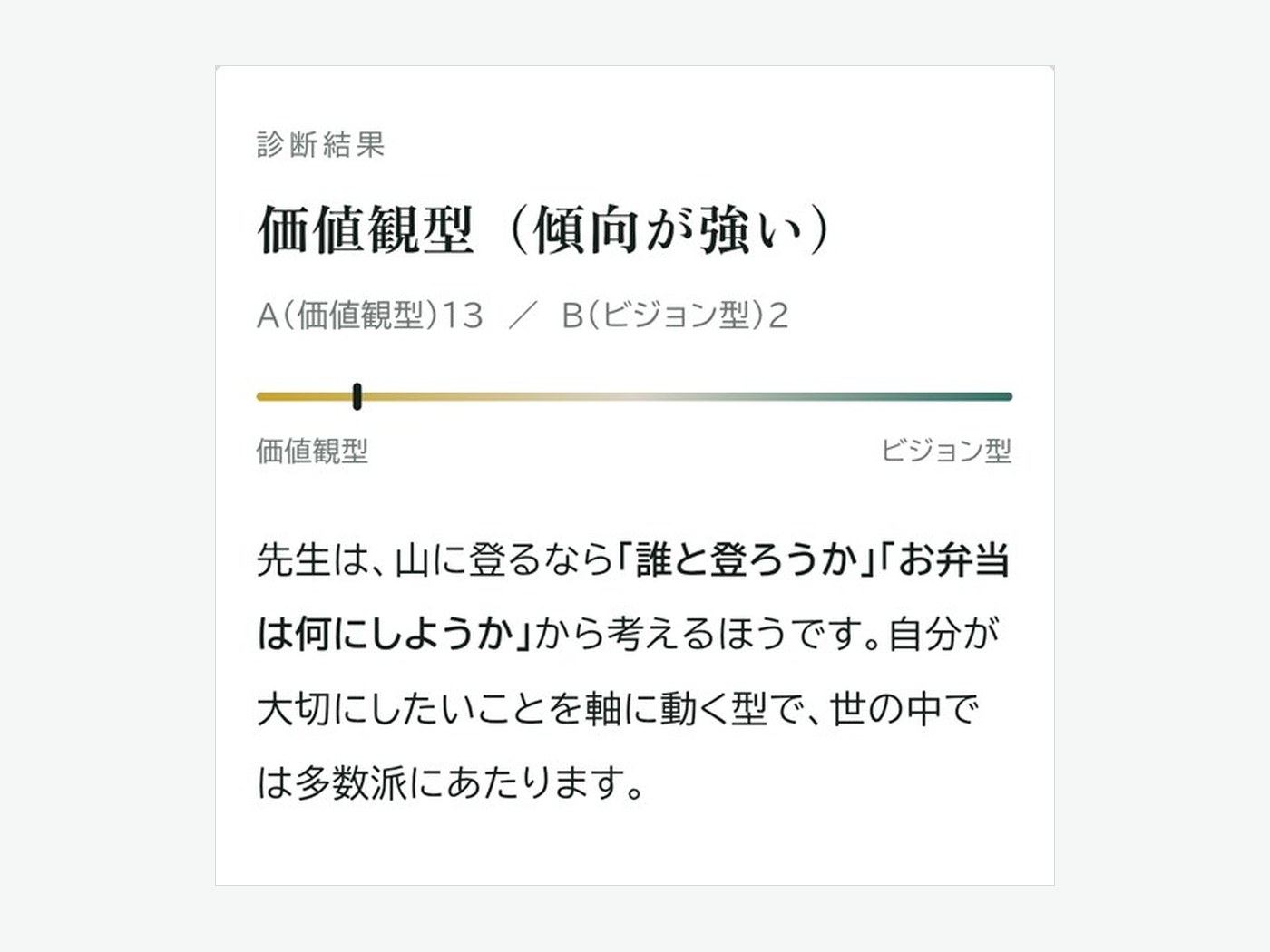 診断結果の画面。タイプと傾向が表示される